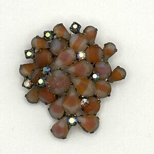 Vintage 1950s Orange Givre Glass Cabochon Arora Borealis Rhinestone Brooch